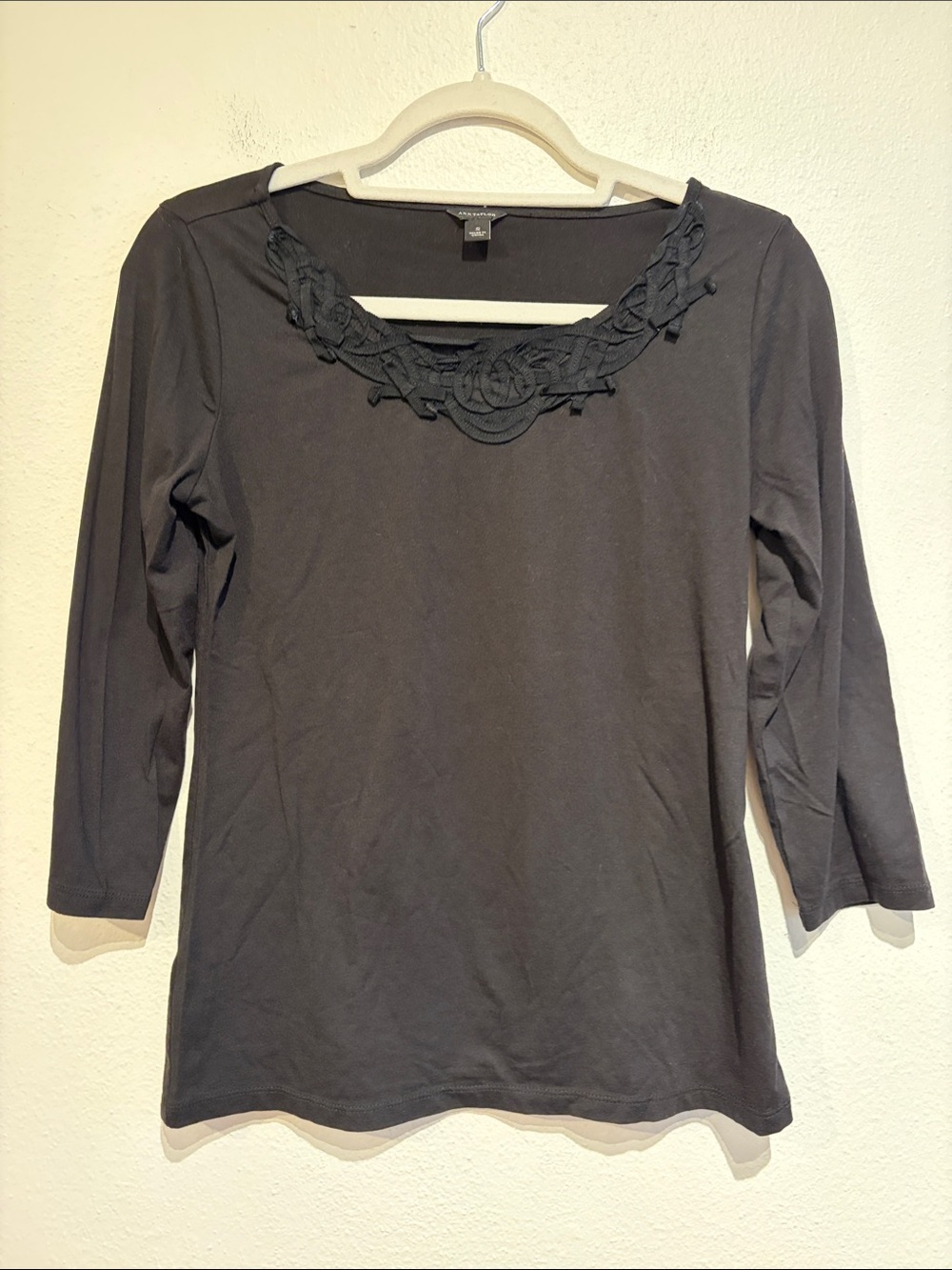 Ann Taylor Black 3/4 Sleeve Scoop Neck Top with Braided Ribbon Detail